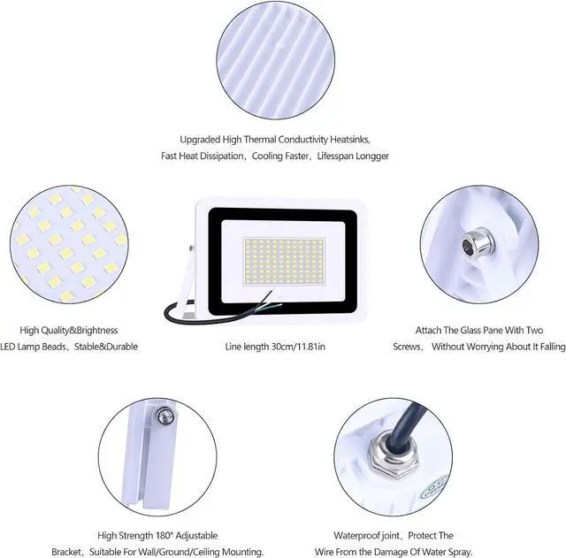 Alt view image 4 of 6 - 100W Super Bright LED Outdoor Flood Light, IP68 Waterproof Landscape Work Lamp with US Plug, White Housing, Cool White Lighting for Garden Roof Yard Store