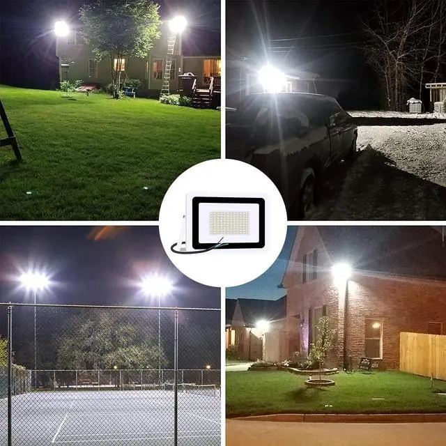 Alt view image 5 of 6 - 100W Super Bright LED Outdoor Flood Light, IP68 Waterproof Landscape Work Lamp with US Plug, White Housing, Cool White Lighting for Garden Roof Yard Store