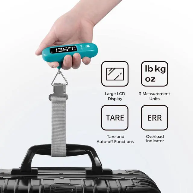 Alt view image 3 of 7 - 110 Lbs Luggage Scale, Digital Handheld Baggage Scale, Travel Suitcase Weight Scale with LCD Display, Battery Included, Malachite Blue