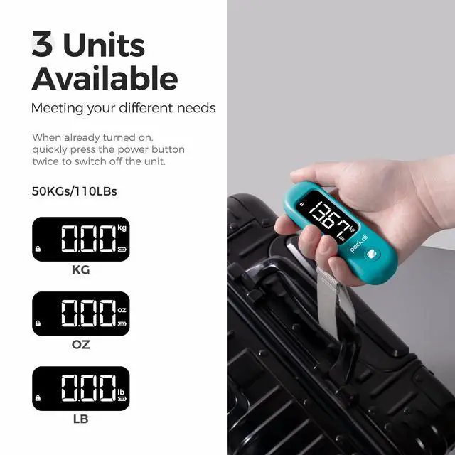 Alt view image 4 of 7 - 110 Lbs Luggage Scale, Digital Handheld Baggage Scale, Travel Suitcase Weight Scale with LCD Display, Battery Included, Malachite Blue