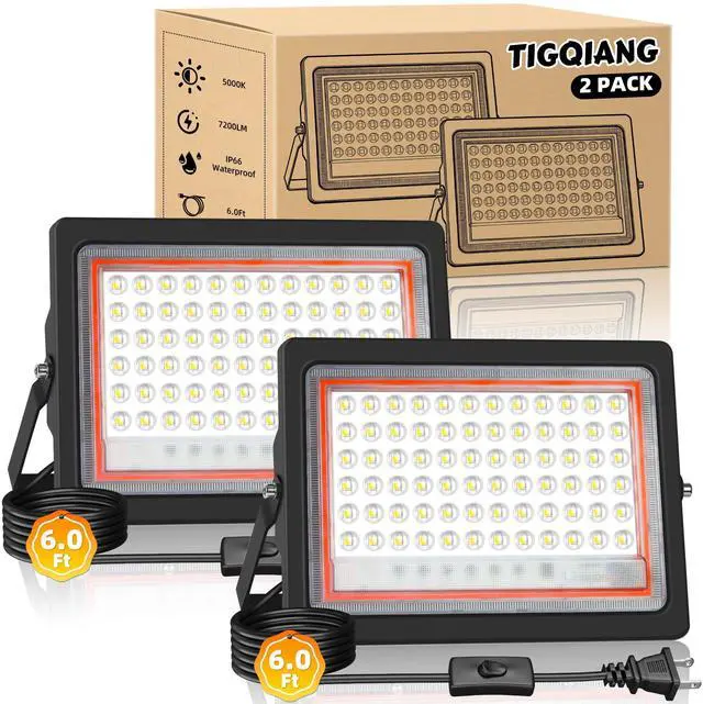 Main image of 60W Flood Light Outdoor with Plug, 7200LM Exterior Security Lights with 6ft Cable, 5000K Daylight White LED Work Light, IP66 Waterproof Exterior Floodlight for Yard Garage Stadium Garden patio, 2 Pack