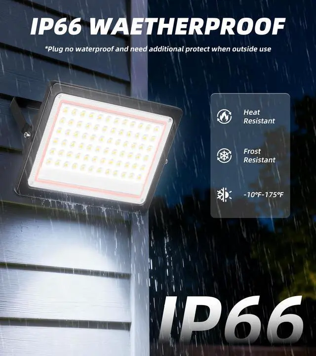 Alt view image 2 of 7 - 60W Flood Light Outdoor with Plug, 7200LM Exterior Security Lights with 6ft Cable, 5000K Daylight White LED Work Light, IP66 Waterproof Exterior Floodlight for Yard Garage Stadium Garden patio, 2 Pack