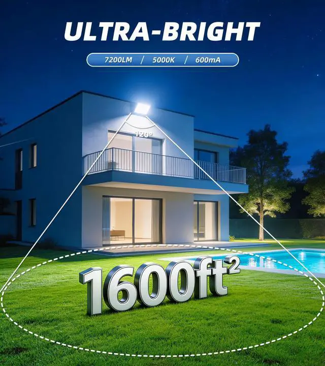 Alt view image 3 of 7 - 60W Flood Light Outdoor with Plug, 7200LM Exterior Security Lights with 6ft Cable, 5000K Daylight White LED Work Light, IP66 Waterproof Exterior Floodlight for Yard Garage Stadium Garden patio, 2 Pack