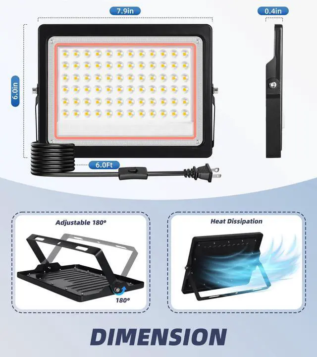 Alt view image 4 of 7 - 60W Flood Light Outdoor with Plug, 7200LM Exterior Security Lights with 6ft Cable, 5000K Daylight White LED Work Light, IP66 Waterproof Exterior Floodlight for Yard Garage Stadium Garden patio, 2 Pack