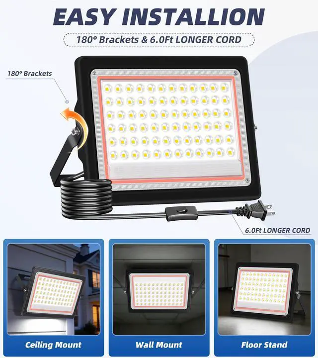 Alt view image 6 of 7 - 60W Flood Light Outdoor with Plug, 7200LM Exterior Security Lights with 6ft Cable, 5000K Daylight White LED Work Light, IP66 Waterproof Exterior Floodlight for Yard Garage Stadium Garden patio, 2 Pack