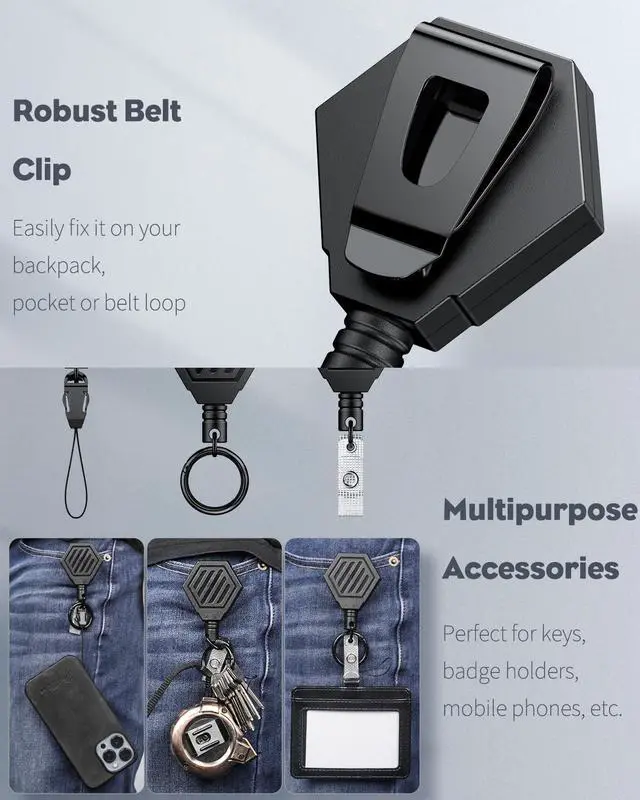 Alt view image 2 of 6 - 2 Pack Heavy Duty Retractable Keychain with Magnetic Closure Retractable Badge Reel for up to 16 oz Badge Holder with 35" Stainless Steel Spring Coil ABS Casing Belt Clip and Carabiner Ring