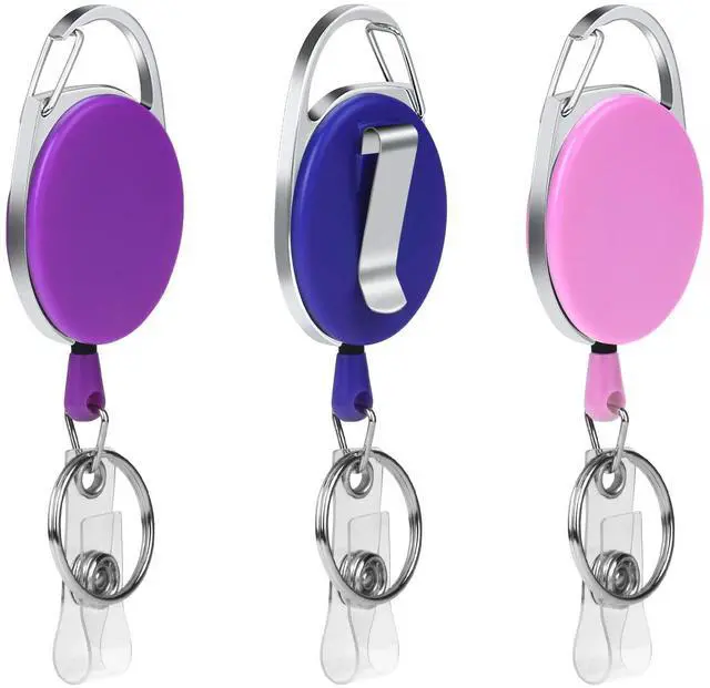 Main image of 3PCS Retractable Badge Reel with Carabiner Badge Holder, Badge Reels Retractable Heavy Duty with Carabiner Reel Clip and Ring, Badge Holders for ID Card Key Keychain(Pink&Purple&Blue)