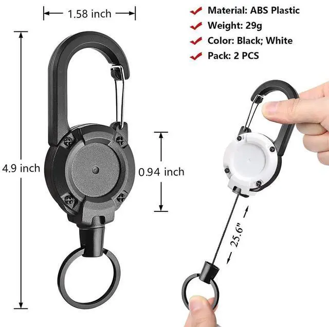 Alt view image 6 of 7 - Retractable Keychain Heavy Duty, 2 Pack Badge Holders with with 26" Cord Key Lanyard Ring, Retractable Keychain Clip Id Holder, Retractable Carabiner Hook Badge Leash Work Key Chain 10 oz Retraction