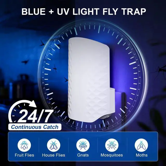 Alt view image 3 of 7 - Flying Insect Trap for Indoors, Plug-in Fly Trap Bug Catcher for Gnats, Fruit Flies & House Flies, Upgraded Blue UV Light Trap with Sticky Cards, Silent & Mess-Free, 1 Device + 5 Refill