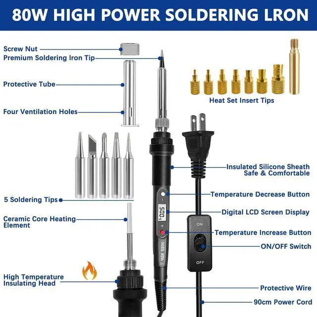 Alt view image 2 of 7 - Soldering Iron Heat Set Insert Tool, 80W 110V LCD Digital Soldering Welding Iron Kit with Iron Tips and Heat Set Insert Tips, 16-in-1 Adjustable Temperature 180-500 Solder Kit, Black