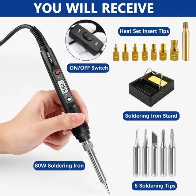 Alt view image 7 of 7 - Soldering Iron Heat Set Insert Tool, 80W 110V LCD Digital Soldering Welding Iron Kit with Iron Tips and Heat Set Insert Tips, 16-in-1 Adjustable Temperature 180-500 Solder Kit, Black