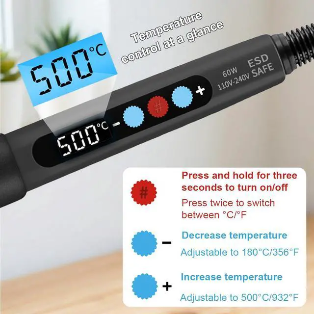 Alt view image 4 of 7 - Soldering Iron Kit, 60W LED Display Soldering Gun with Ceramic Heater, 12-in-1 Adjustable Temperature Tool Kit Includes Tips, Solder Wire, Flux Paste, Pump, and Case for DIY& Electronic Repairs