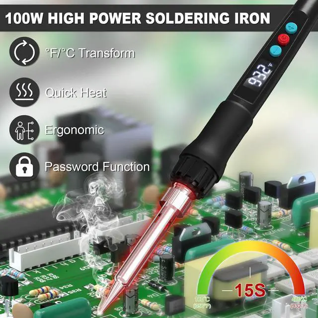 Alt view image 4 of 7 - Soldering Iron Kit, 100W Soldering Gun with LED Digital Display, Adjustable Temperature 356-932 Solder Kit for Electronics, Includes Soldering Iron Tip, Solder Wire, Stand, Tweezers and Paste, Black