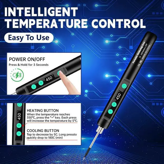 Alt view image 4 of 7 - Portable Wireless Soldering KitFeatures a 1100mAh rechargeable USB-C soldering pen LCD screen for adjustable temperature settings. home appliance repairs and DIY projects. 8-second rapid heat-up.