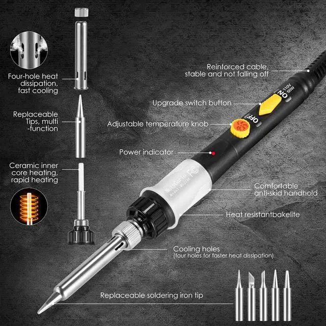 Alt view image 2 of 7 - 60W Adjustable Temperature Soldering Iron Kit, 8-in-1 Solder Kit Electronics with ON/Off Switch, 5 Soldering Tips, Solder Wire, Stand, Welding Tool for Soldering and Repair