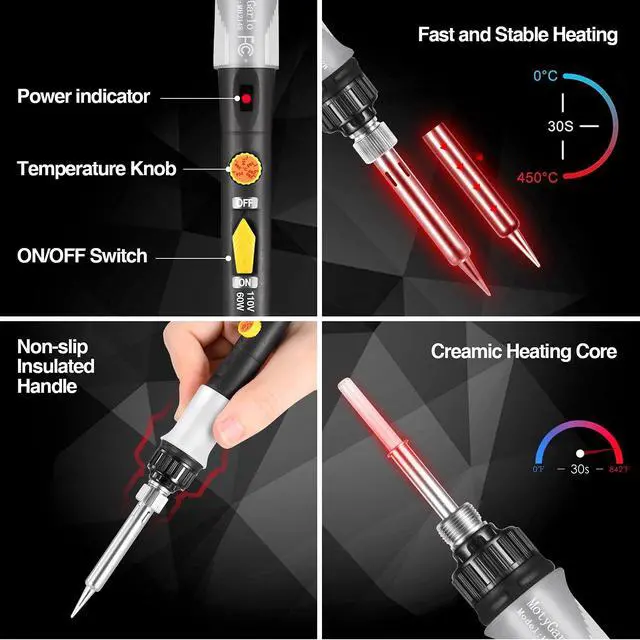 Alt view image 3 of 7 - 60W Adjustable Temperature Soldering Iron Kit, 8-in-1 Solder Kit Electronics with ON/Off Switch, 5 Soldering Tips, Solder Wire, Stand, Welding Tool for Soldering and Repair