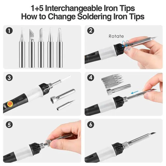 Alt view image 5 of 7 - 60W Adjustable Temperature Soldering Iron Kit, 8-in-1 Solder Kit Electronics with ON/Off Switch, 5 Soldering Tips, Solder Wire, Stand, Welding Tool for Soldering and Repair