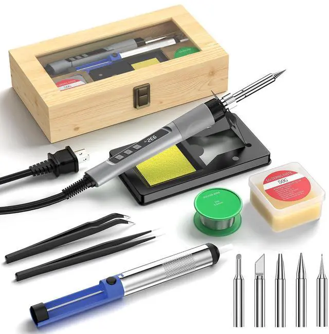 Main image of Soldering Iron Kit, 190W Soldering Gun, 110V LED Solder Kit for Electronics, Adjustable Temperature 356-932, Includes Solder Wire, Sucker, Tips, Stand, Tweezers, Paste and Solid Wood Box, Grey