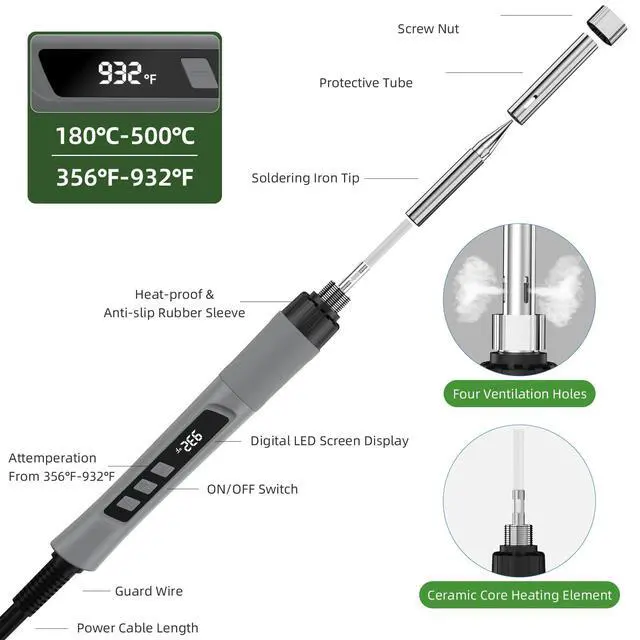 Alt view image 2 of 7 - Soldering Iron Kit, 190W Soldering Gun, 110V LED Solder Kit for Electronics, Adjustable Temperature 356-932, Includes Solder Wire, Sucker, Tips, Stand, Tweezers, Paste and Solid Wood Box, Grey