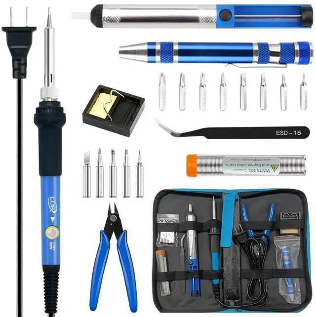 Main image of Electric Soldering Iron Kit 60W, Adjustable Temperature with 5pcs Different Tips, Desoldering Pump, Stand, anti-static Tweezers, Solder Tube, Screwdriver, Cutter and Carry Bag for Repaired Usage