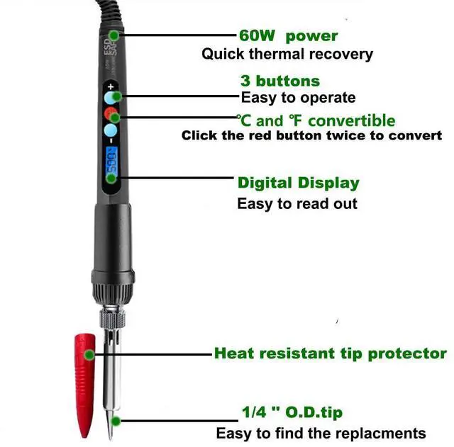 Alt view image 2 of 5 - 60W Digital Soldering Iron Heat Set Insert Tool with Extra Soldering Tips and Heat Set Insert Tips