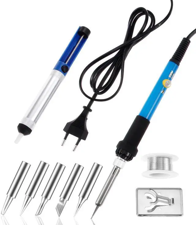 Main image of Soldering Iron Kit, 60W 220V Adjustable Temperature Welding Tool, including 5PCS Replacement Tips, Temperature Adjust Soldering Iron, Desoldering Pump, Tin Wire Tube, Soldering Iron Stand