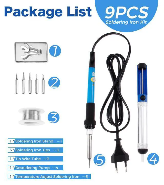 Alt view image 3 of 7 - Soldering Iron Kit, 60W 220V Adjustable Temperature Welding Tool, including 5PCS Replacement Tips, Temperature Adjust Soldering Iron, Desoldering Pump, Tin Wire Tube, Soldering Iron Stand