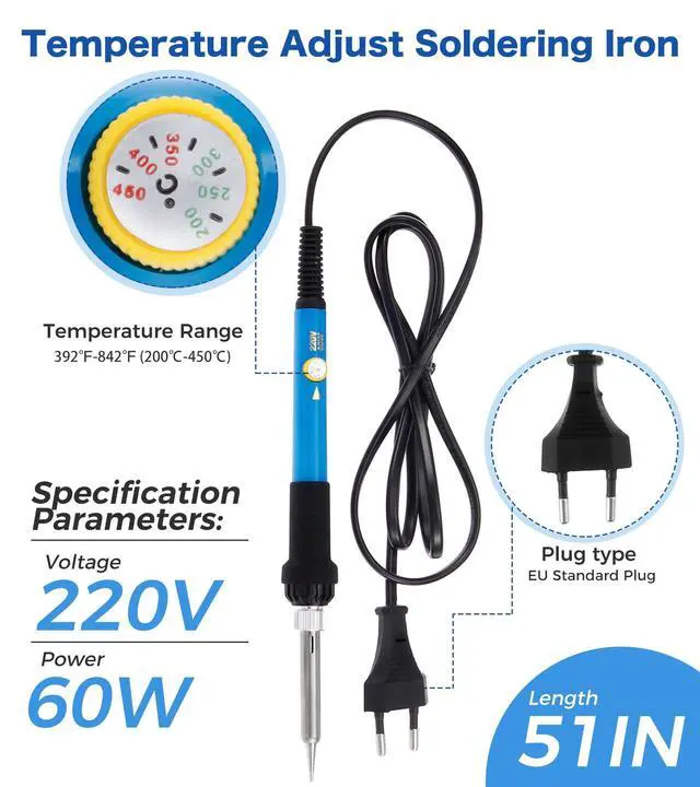 Alt view image 4 of 7 - Soldering Iron Kit, 60W 220V Adjustable Temperature Welding Tool, including 5PCS Replacement Tips, Temperature Adjust Soldering Iron, Desoldering Pump, Tin Wire Tube, Soldering Iron Stand