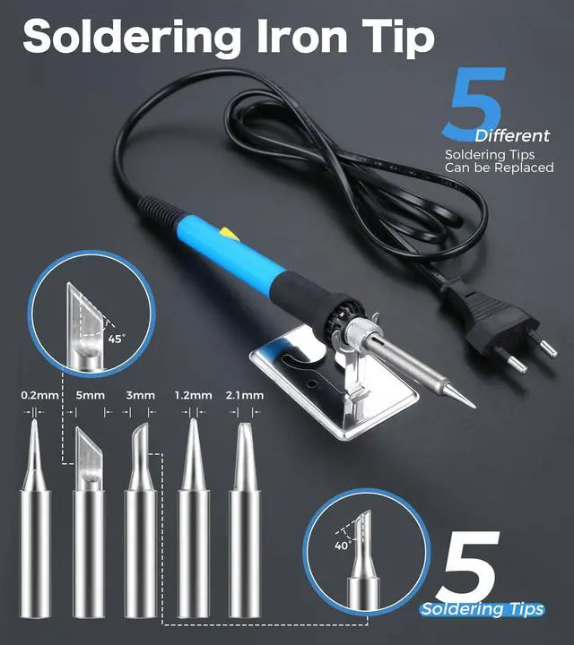 Alt view image 6 of 7 - Soldering Iron Kit, 60W 220V Adjustable Temperature Welding Tool, including 5PCS Replacement Tips, Temperature Adjust Soldering Iron, Desoldering Pump, Tin Wire Tube, Soldering Iron Stand