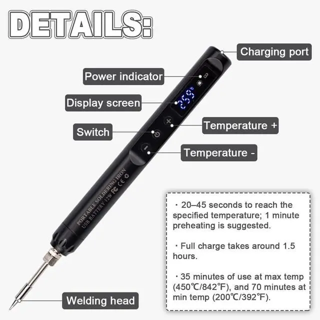Alt view image 3 of 7 - Cordless Soldering Iron Kit with LCD Display Portable USB Rechargeable Soldering Tool for Electronics, DIY Projects, and Home Repairs