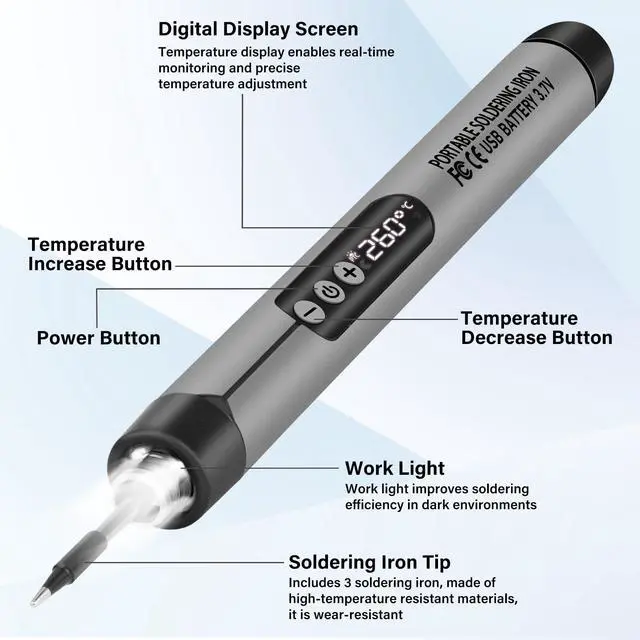 Alt view image 5 of 7 - Cordless Soldering Iron Kit, USB Rechargeable Portable Cordless Soldering Iron, LCD Digital Adjustable Temperature Thermostatic for Home Appliance Repair, DIY - Grey