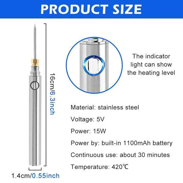 Alt view image 2 of 7 - Cordless Soldering Iron Kit, 15W Portable USB Soldering Pen, Fast Heat Up to 788°F (420°C), 5V Rechargeable Soldering Iron for Electronics Repair and DIY