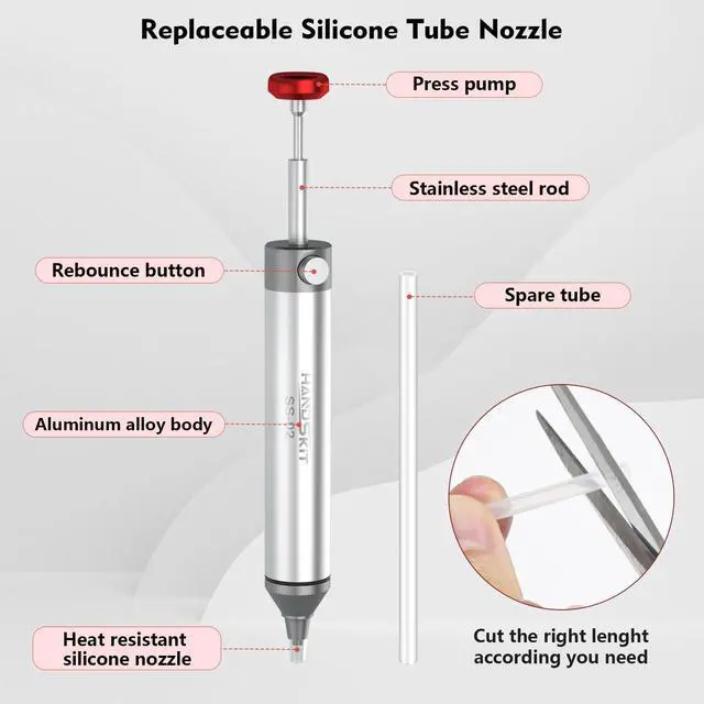 Alt view image 2 of 6 - Solder Sucker,No Clog Desoldering Wick for Solder Removing Heat Resistant Sucking Nozzle Tube Desolder Tool Soldering Pump Strong Vacuum Suction Remover Desolder Gun Solder Iron Cleaner