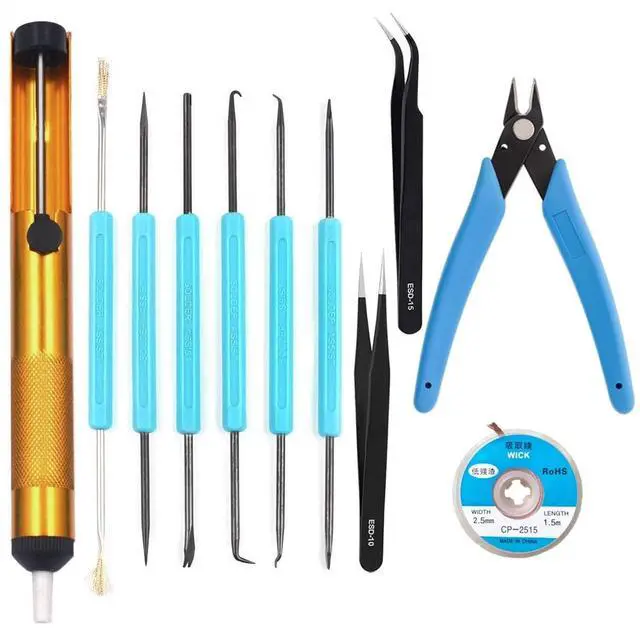 Main image of Professional welding tools and desoldering tool sets (11 pieces), desoldering pumps, desoldering wicks, wire cutters, tweezers, soldering iron auxiliary accessories
