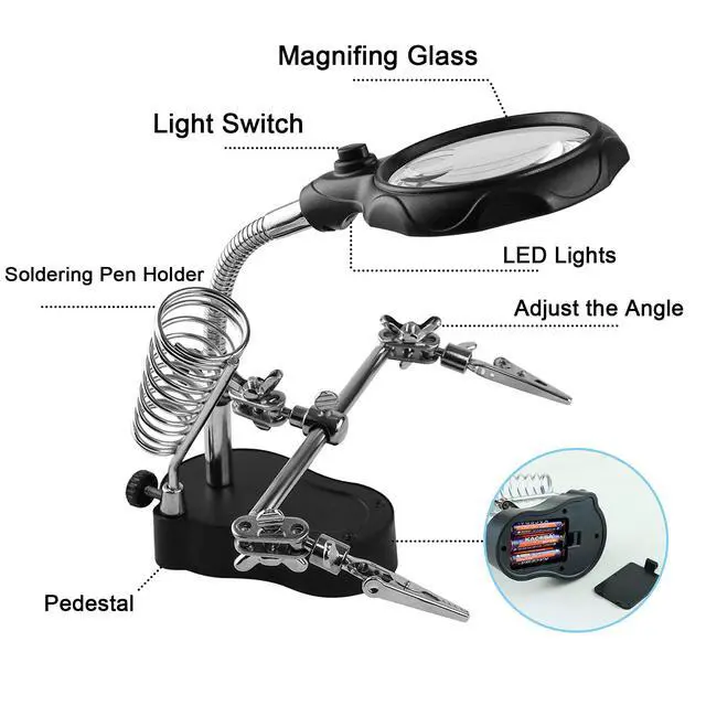 Alt view image 4 of 7 - Helping Hands Magnifying Glass Soldering Station, LED Lighted 3.5X 12X Magnifier with Auxiliary Clips Alligator Clamp for Miniatures Projects,Model Making, Soldering