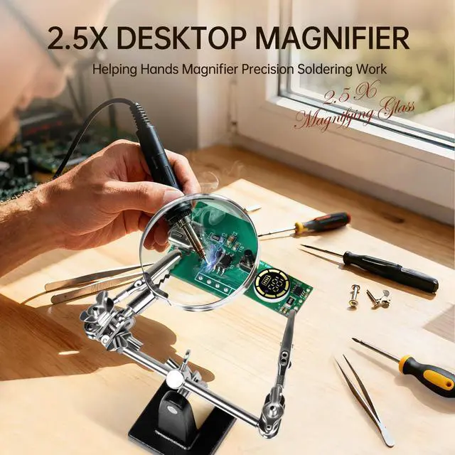 Alt view image 3 of 7 - Helping Hands Magnifier with Dual Adjustable Alligator Clips in 2.5X Magnifying Glass Soldering Station for Crafting, Hobby, Micro Objects (Not Include Battery)