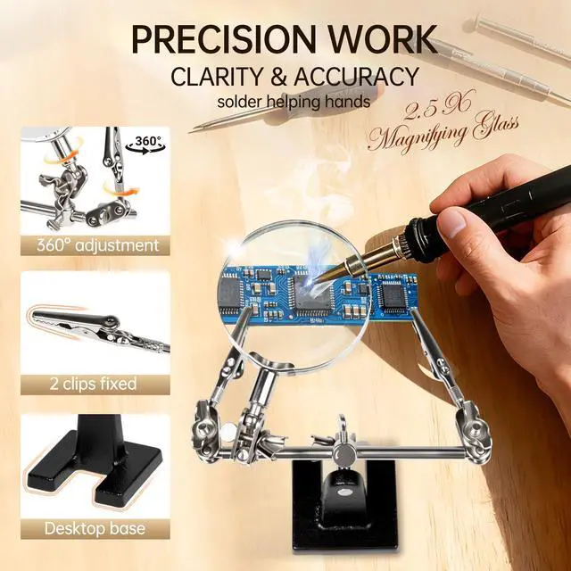 Alt view image 4 of 7 - Helping Hands Magnifier with Dual Adjustable Alligator Clips in 2.5X Magnifying Glass Soldering Station for Crafting, Hobby, Micro Objects (Not Include Battery)