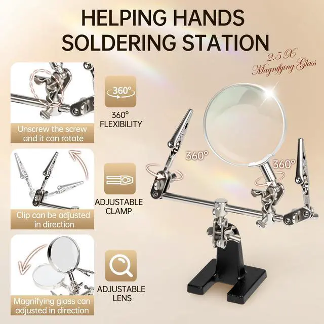 Alt view image 6 of 7 - Helping Hands Magnifier with Dual Adjustable Alligator Clips in 2.5X Magnifying Glass Soldering Station for Crafting, Hobby, Micro Objects (Not Include Battery)