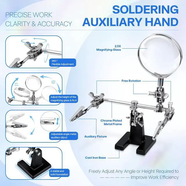 Alt view image 4 of 7 - 2.5X Magnifying Helping Hands Soldering Station with Heavy Cast Iron Base, 360° Adjustable Alligator Clips for Soldering, Jewelry Making, Electronics Repair & DIY Crafts