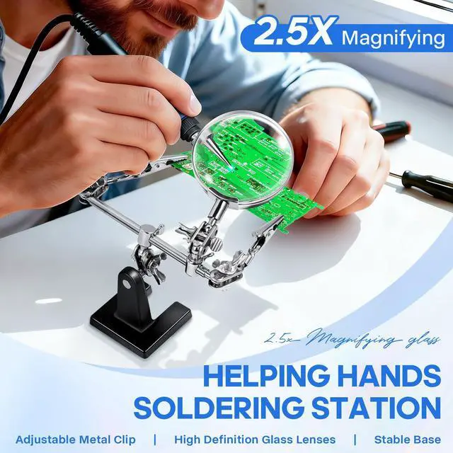 Alt view image 2 of 7 - 2.5X Magnifying Helping Hands Soldering Station with Heavy Cast Iron Base, 360° Adjustable Alligator Clips for Soldering, Jewelry Making, Electronics Repair & DIY Crafts