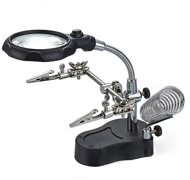 Main image of Helping Hands Soldering - LED Light Desktop Magnifier with 360-Degree Roating Lens, 3.5X 12X Illuminated with Clamp and Alligator Clips Red Hands Free Bench Magnifier