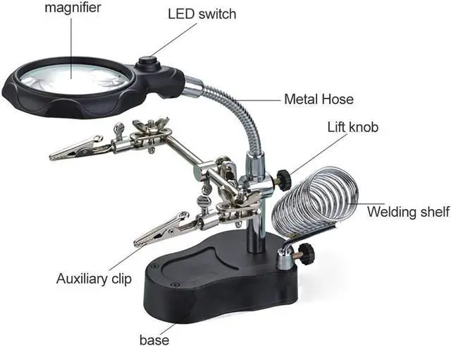 Alt view image 2 of 2 - Helping Hands Soldering - LED Light Desktop Magnifier with 360-Degree Roating Lens, 3.5X 12X Illuminated with Clamp and Alligator Clips Red Hands Free Bench Magnifier