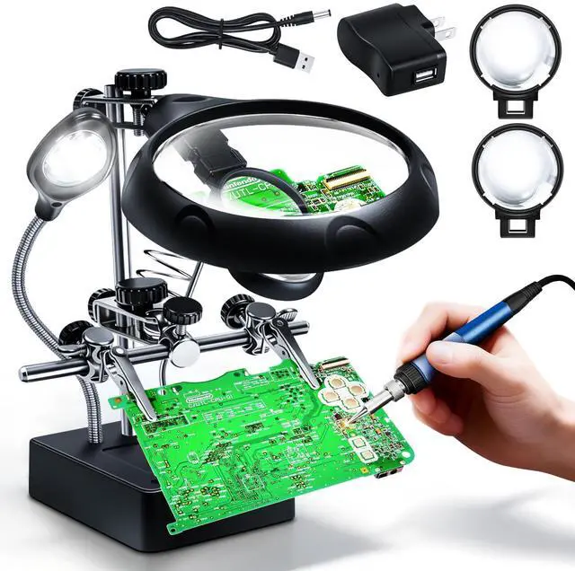 Main image of Helping Hands Magnifier Soldering Station with LED Light,2.5X 7.5X 10X Desktop Magnifying Glass with Stand with Auxiliary Clamp for Miniature Painting,Model,Repair,Crafts,Hobby