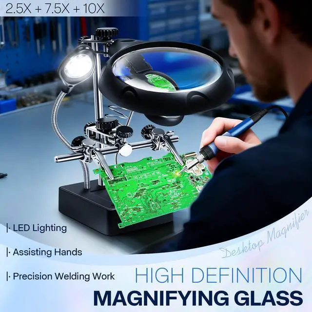 Alt view image 2 of 7 - Helping Hands Magnifier Soldering Station with LED Light,2.5X 7.5X 10X Desktop Magnifying Glass with Stand with Auxiliary Clamp for Miniature Painting,Model,Repair,Crafts,Hobby