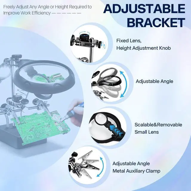 Alt view image 3 of 7 - Helping Hands Magnifier Soldering Station with LED Light,2.5X 7.5X 10X Desktop Magnifying Glass with Stand with Auxiliary Clamp for Miniature Painting,Model,Repair,Crafts,Hobby
