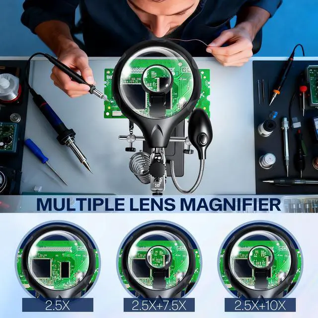 Alt view image 4 of 7 - Helping Hands Magnifier Soldering Station with LED Light,2.5X 7.5X 10X Desktop Magnifying Glass with Stand with Auxiliary Clamp for Miniature Painting,Model,Repair,Crafts,Hobby