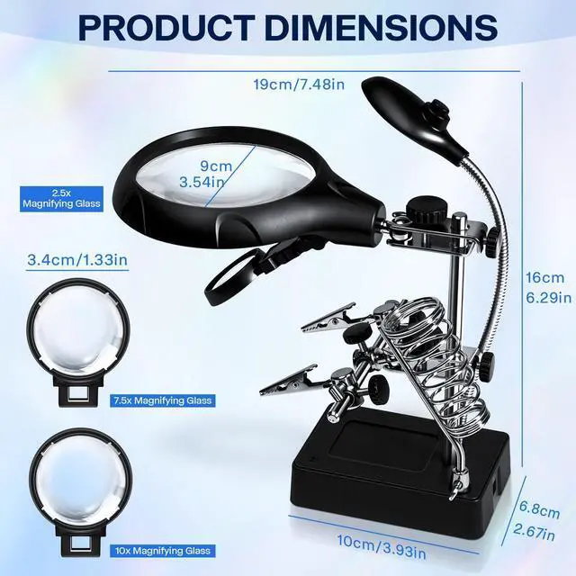 Alt view image 6 of 7 - Helping Hands Magnifier Soldering Station with LED Light,2.5X 7.5X 10X Desktop Magnifying Glass with Stand with Auxiliary Clamp for Miniature Painting,Model,Repair,Crafts,Hobby