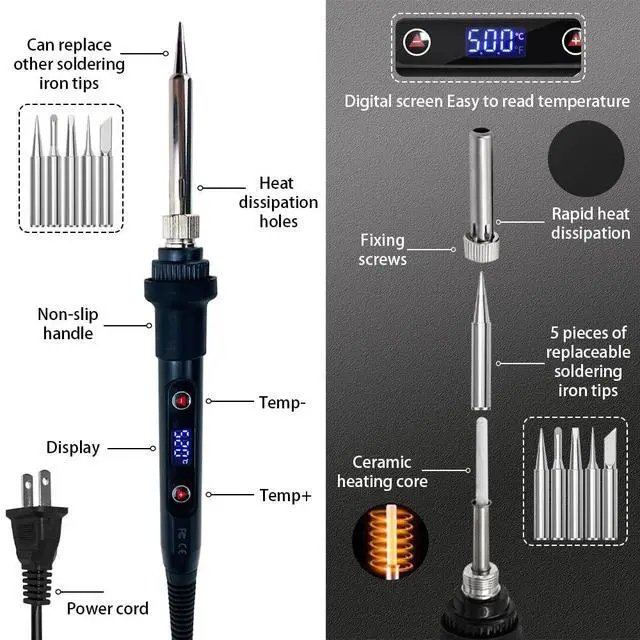 Alt view image 2 of 6 - Soldering Iron Kit 80W LCD Digital Adjustable Temperature Soldering Tool Set with 5 Precision Tips, Desoldering Pump, Solder Wire, Stand for DIY, Electrical Repairs, and Metal Work