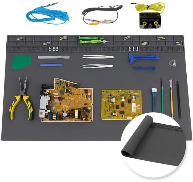 Main image of 27.6'' x 15.7'' Extra Large Soldering Mat with Wrist Strap & Grounding Accessories 932°F Heat Resistant Silicone Repair Mat Oversized Workbench Mat for Cellphone Laptop Repair (Grey)