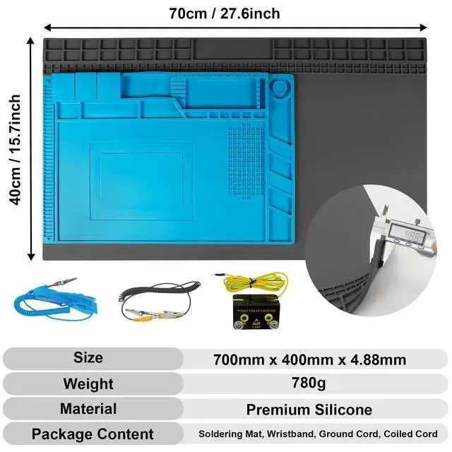 Alt view image 5 of 6 - 27.6'' x 15.7'' Extra Large Soldering Mat with Wrist Strap & Grounding Accessories 932°F Heat Resistant Silicone Repair Mat Oversized Workbench Mat for Cellphone Laptop Repair (Grey)